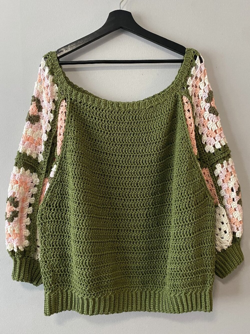 Handmade Crochet Wide Neck Granny Square Green Pink White Purple Plus Size Top